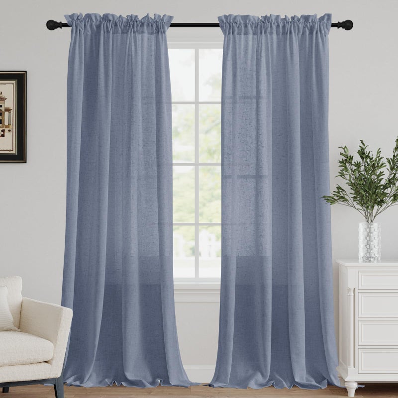 FantasDecor Stone Blue Linen Sheer Curtains 96 Inches Long for Living Room Country Rustic Farmhouse Light Filtering Rod Pocket Window Curtain Treatment Drapes for Bedroom, 52 W x 96 L,Stone Blue - Image 1